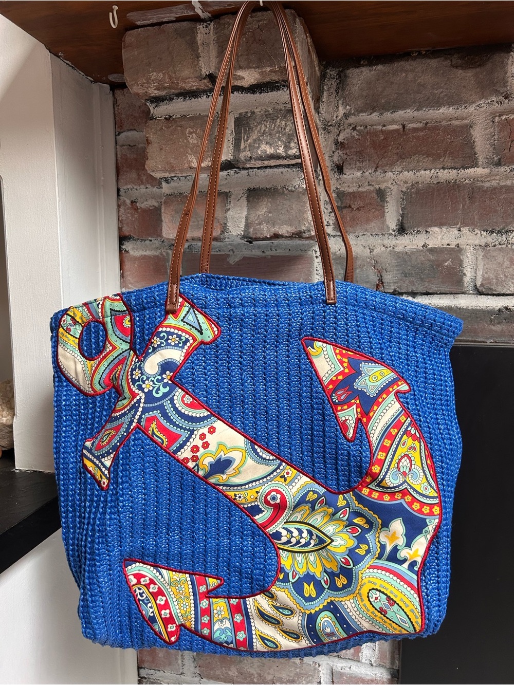 Vera Bradley Marina Paisley woven anchor beach tote bag cobalt blue